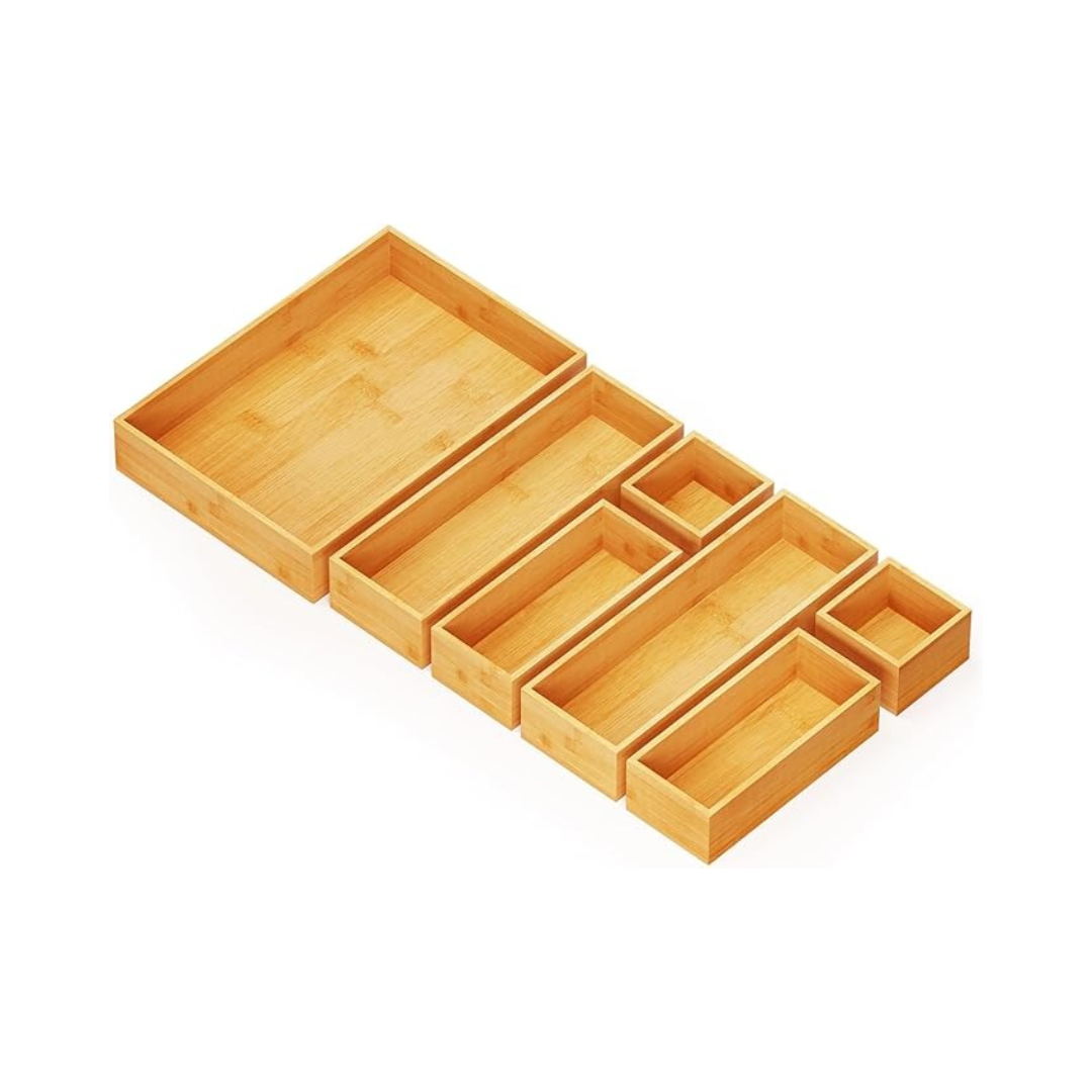 7-Piece Bamboo Drawer Organizer Set with Wood Trays