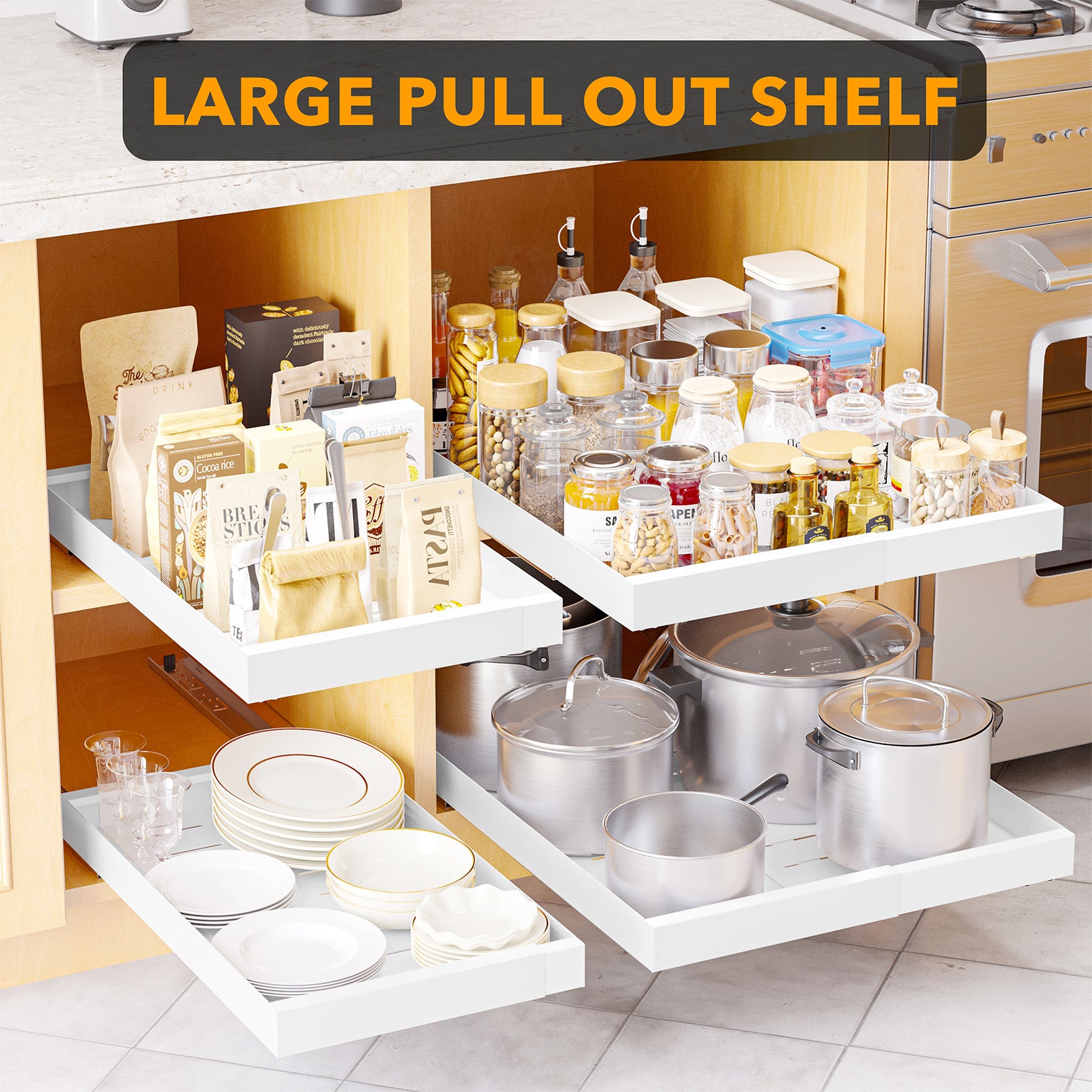 SpaceAid Adjustable No-Drill Adhesive Pull-Out Shelves for Cabinets White, 21