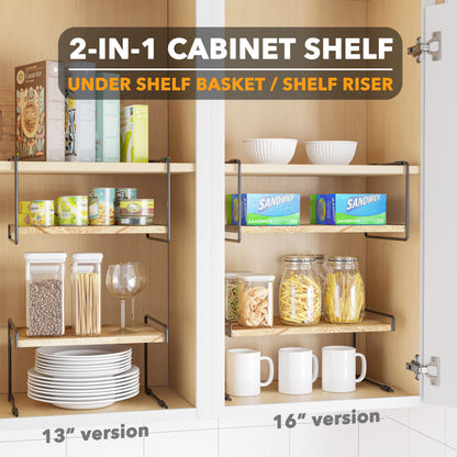 SpaceAid Cabinet Shelf Organizers 2 Pack, Kitchen Counter Organizer Rack, Metal and Wood, 13" Wide