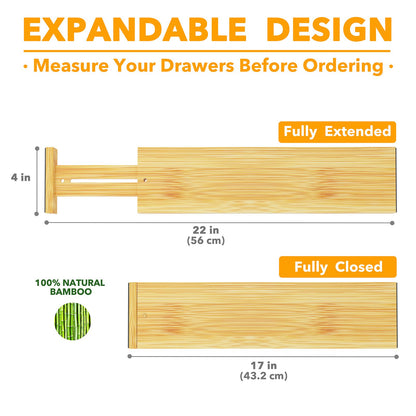 SpaceAid 4“ High Bamboo Deep Drawer Dividers for Kitchen, Clothes and Bathroom with 2 Dividers (17-22 in)