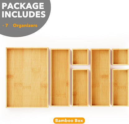 7-Piece Bamboo Drawer Organizer Set with Wood Trays