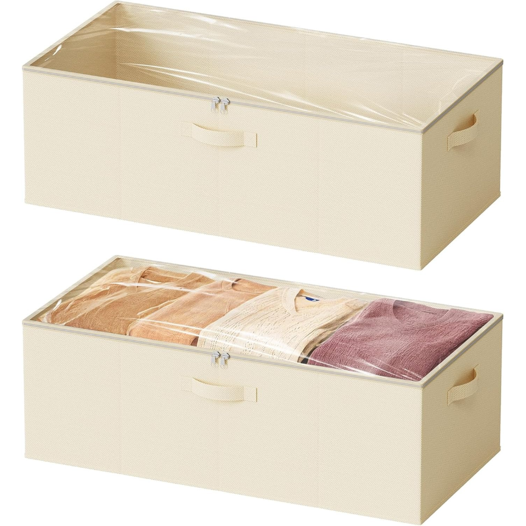 2 Pack 10" High Under Bed Storage Bins with Lids beige