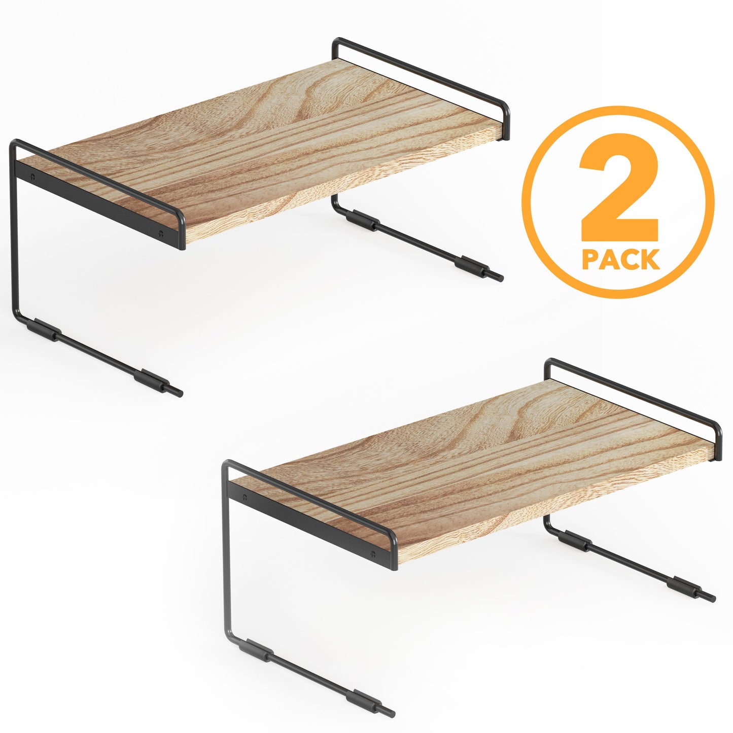 SpaceAid Open Kitchen Cabinet Shelf Organizers 2 Pack in Black and Natural, 16" Wide