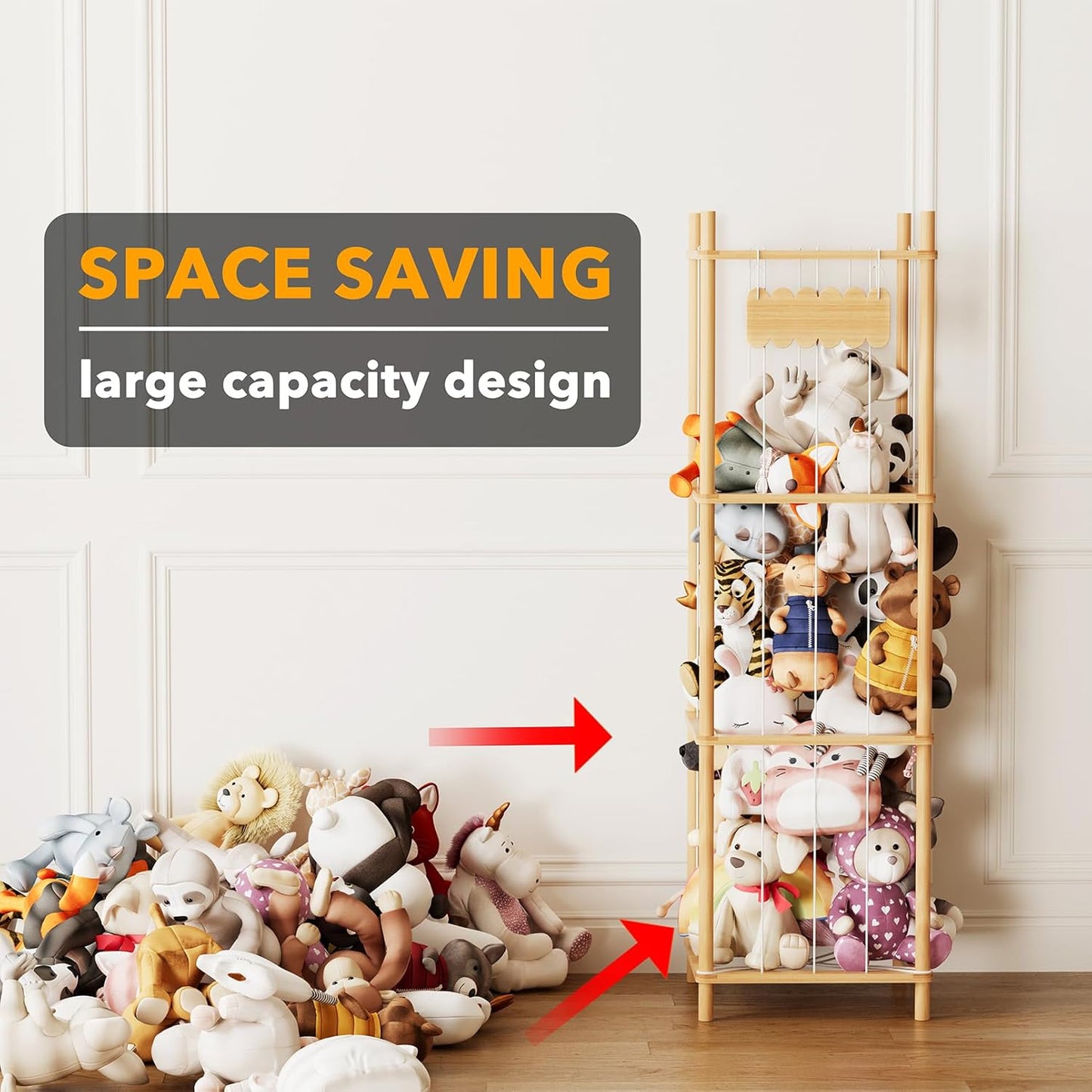 stuffed animal storage organizer in playroom