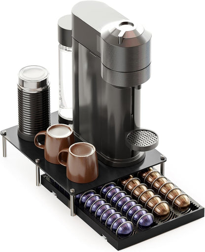 Coffee Pod Holder Drawer for Nespresso Vertuo, Bamboo & Metal Under-Coffee-Machine Organizer, Fits 40 Large or 56 Small Pods