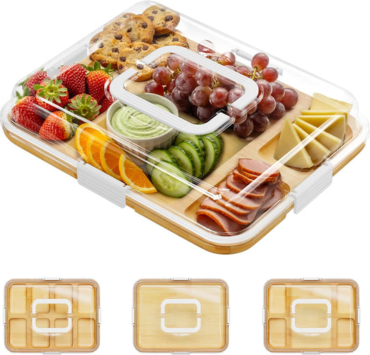 Modern Slate Cheese Cutting Board with Bamboo Tray – Stylish Charcuterie Serving Set, 5 Compartments