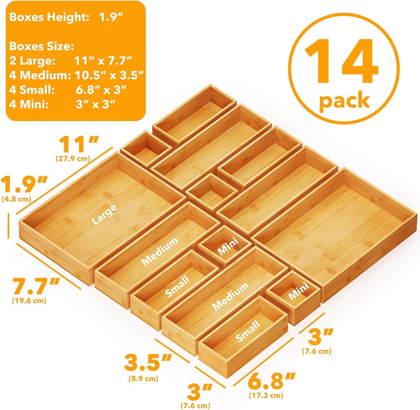 14-Piece Bamboo Drawer Organizer Storage Boxes Set