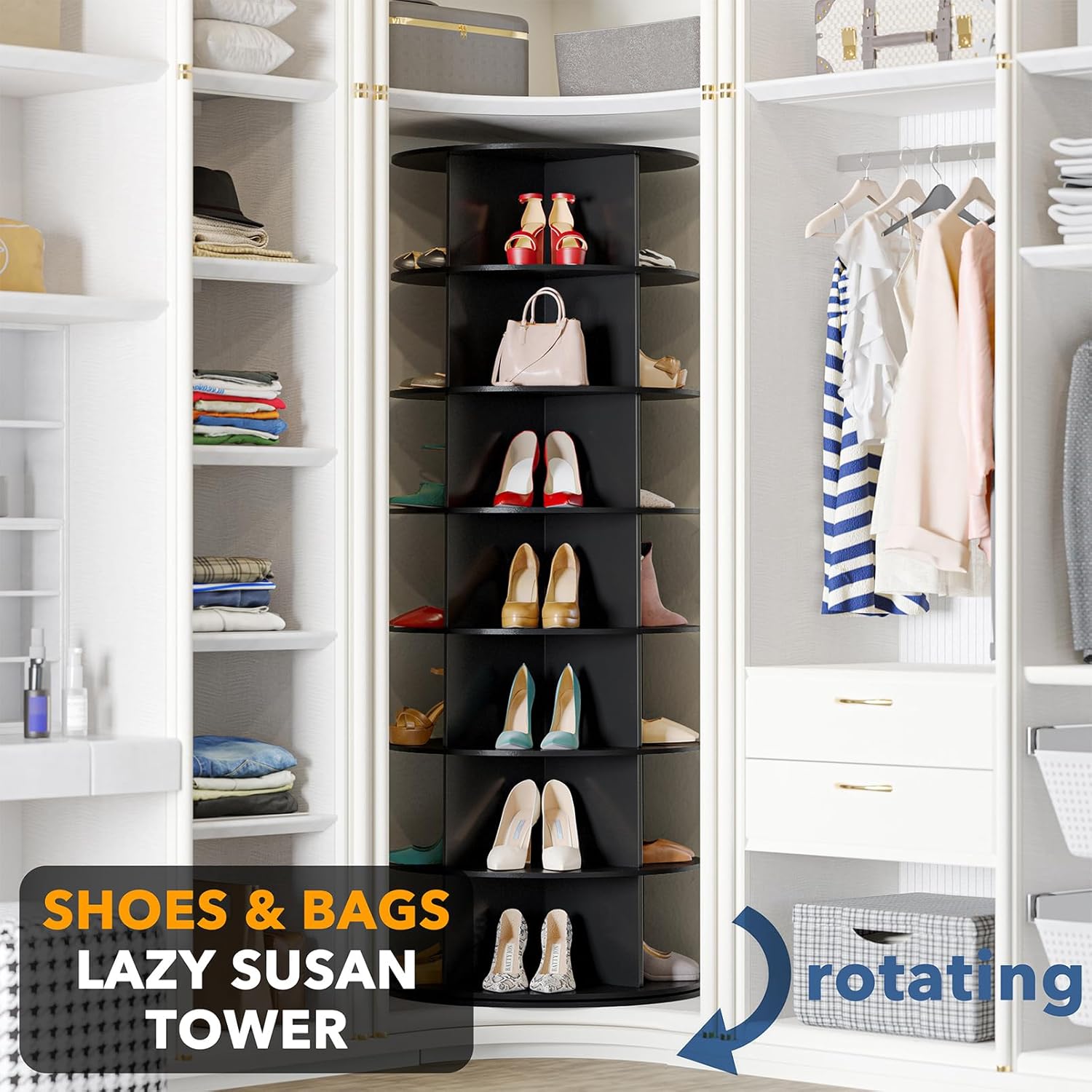 Black 7-Tier Rotating Shoe Rack for Closet