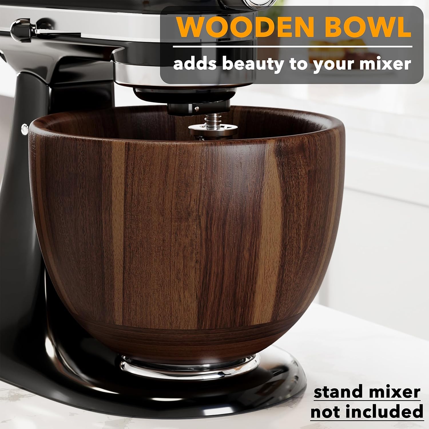 Wooden bowl attachment for a stand mixer on a white background