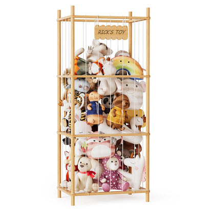 Bamboo toy organizer with various stuffed animals inside, labeled 'Rick's Toy'.