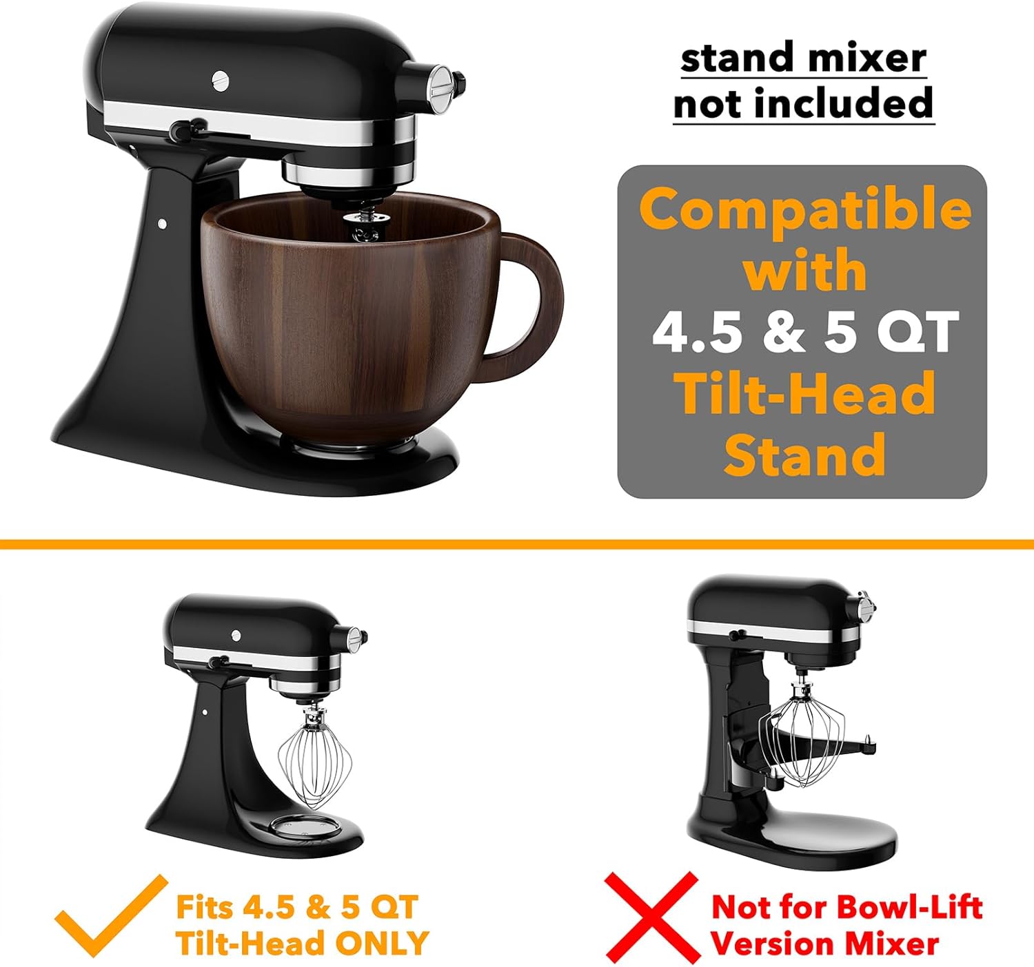 Black stand mixer attachment with brown bowl and compatibility details on a white background