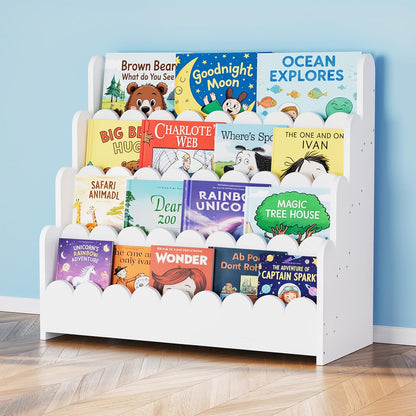 Children's bookshelf with various books on a light blue wall background