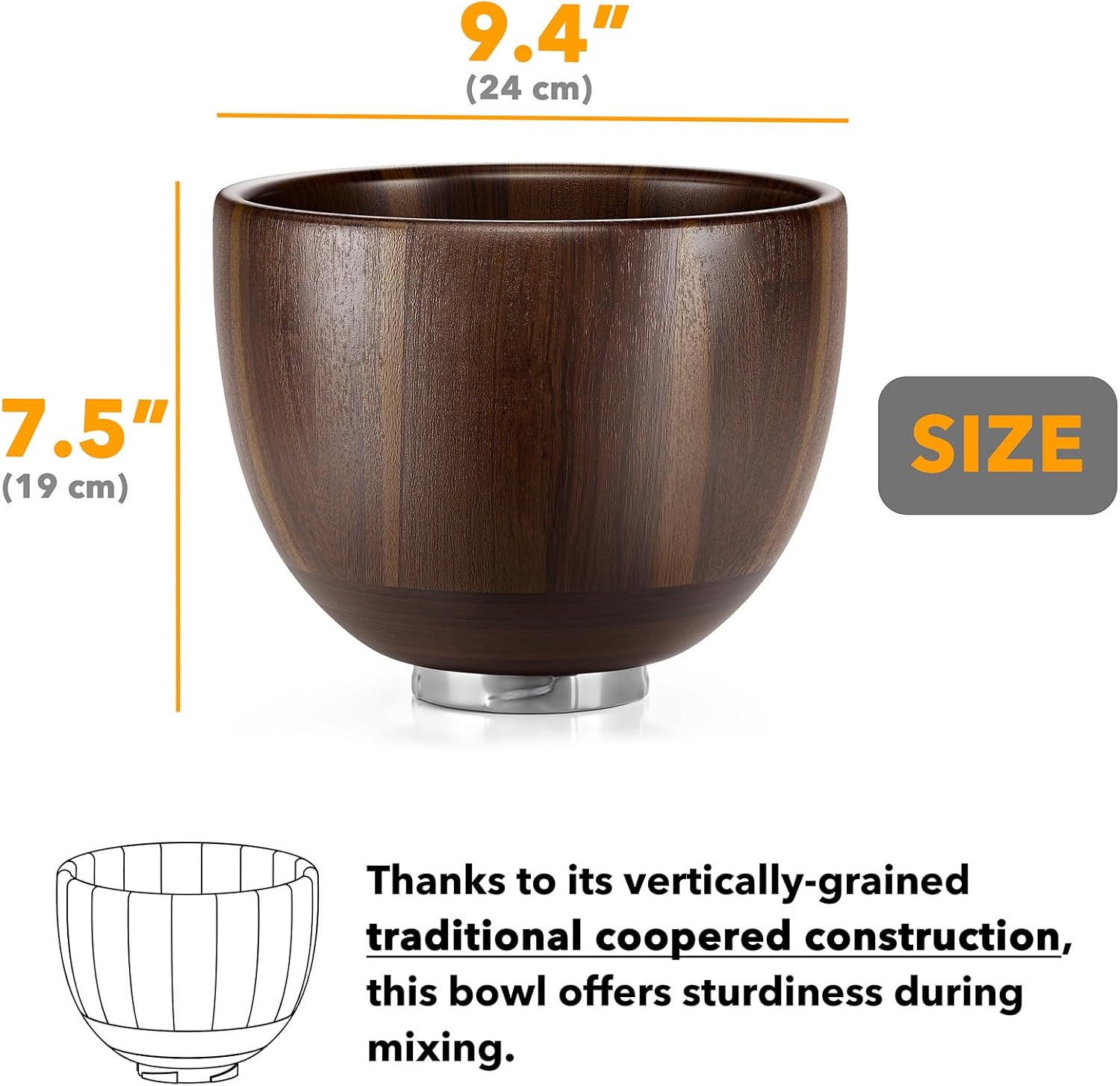 Wooden bowl with dimensions and text on a white background