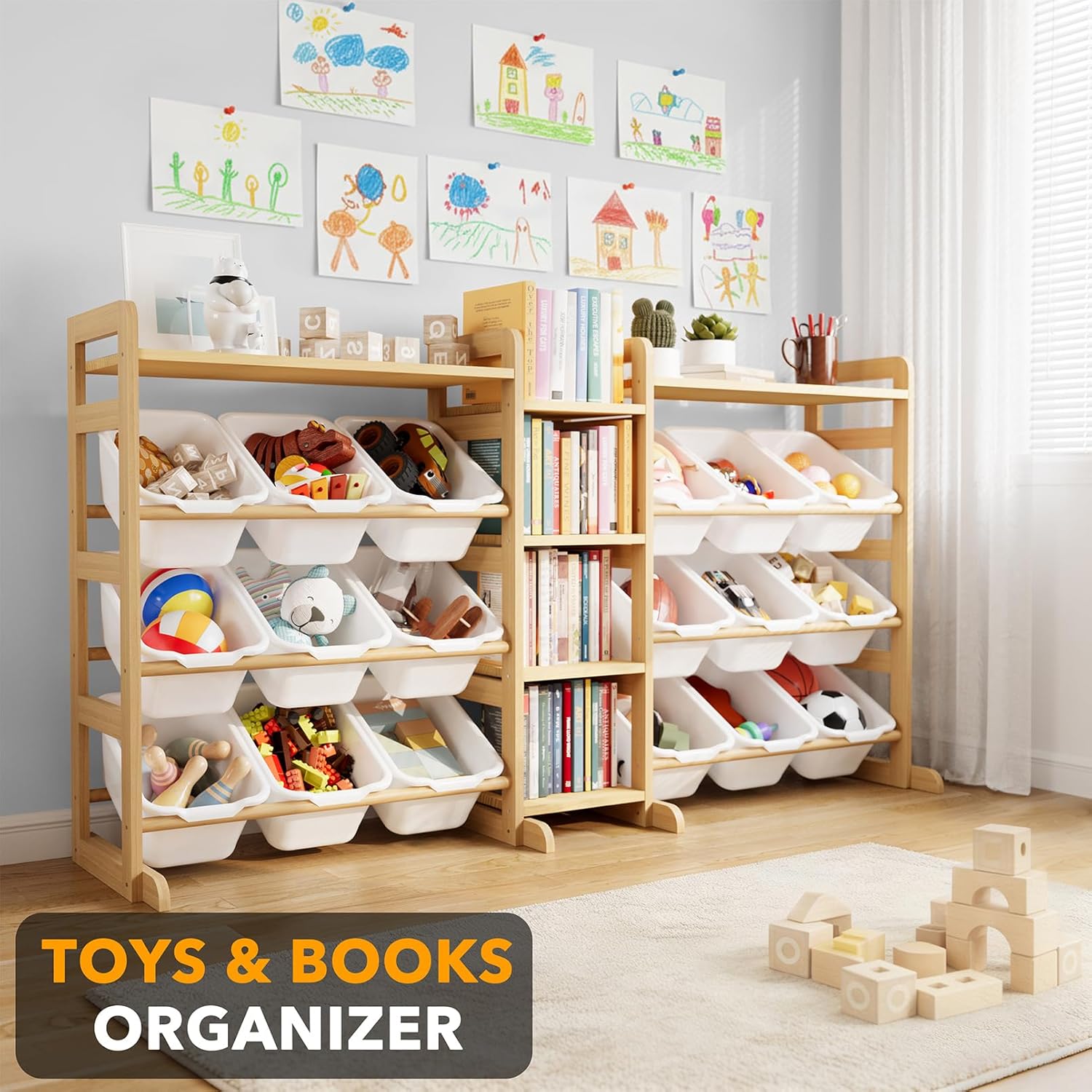 SpaceAid Large Toy Storage Organizer with 6 Shelves and 18 Bins, Book Shelf Organizers Storage Bookshelf, Kids Bin Shelf Box Bookcase for Bedroom Playroom Organization Room Decor, White