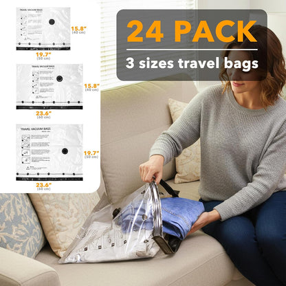 Woman packing clothes into a travel vacuum bag with product packaging and text overlay on a couch.