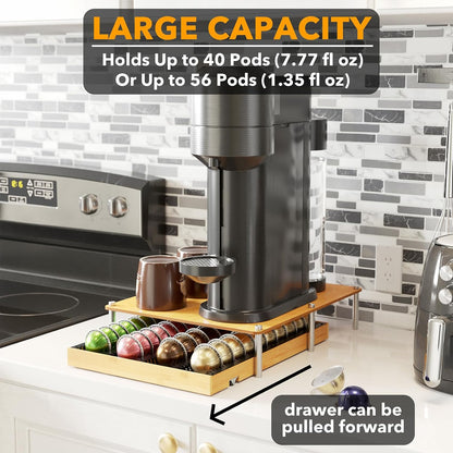 Coffee Pod Holder Drawer for Nespresso Vertuo, Bamboo & Metal Under-Coffee-Machine Organizer, Fits 40 Large or 56 Small Pods