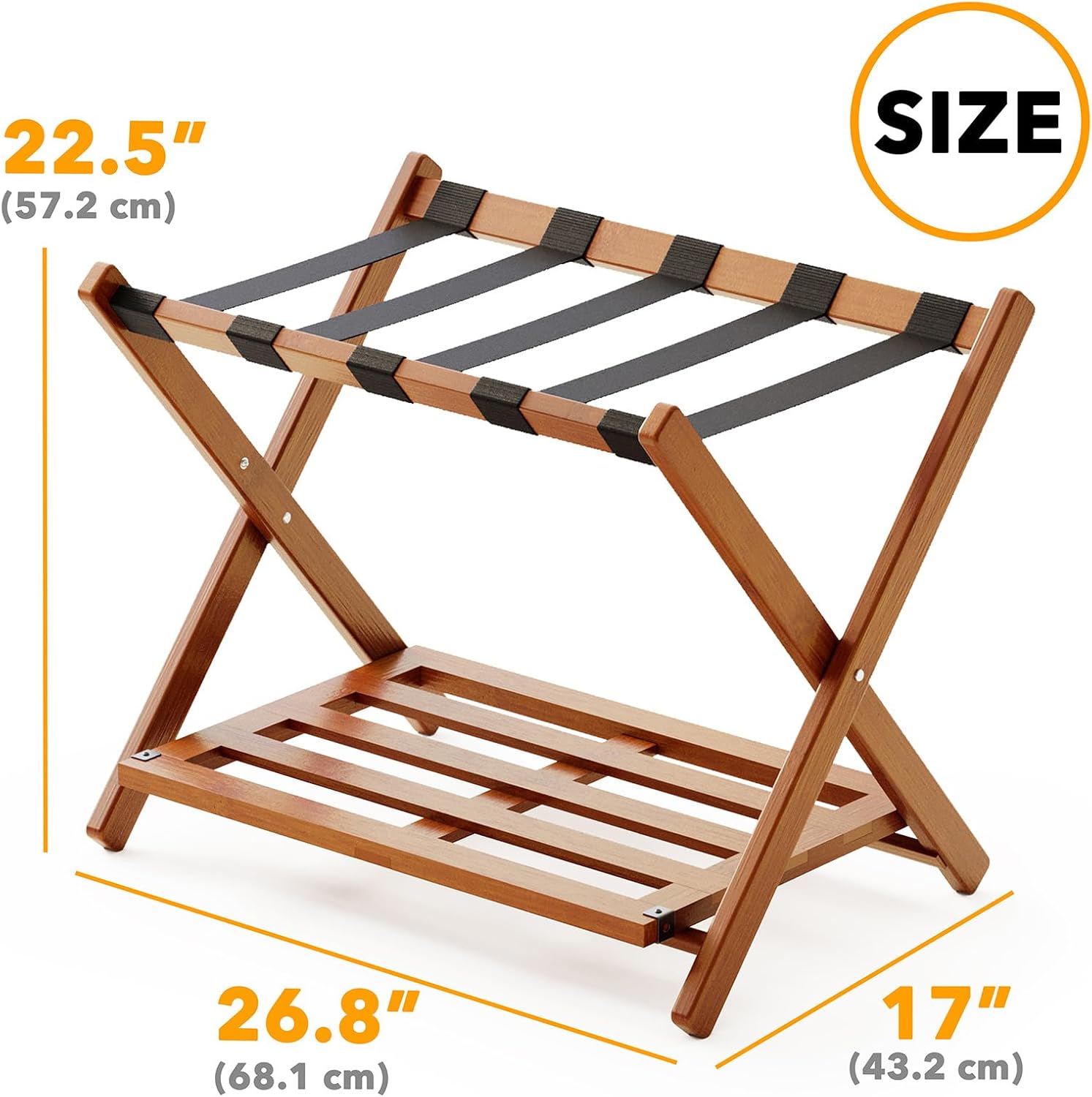 Fully Assembled Bamboo Foldable Luggage Rack with Storage Shelf, Walnut