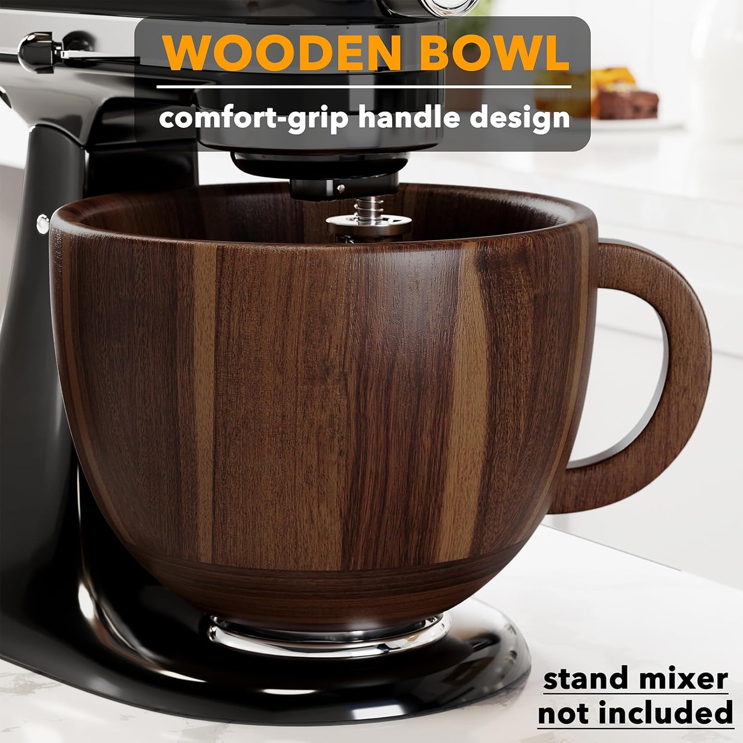 Wooden bowl with comfort-grip handle on a stand mixer