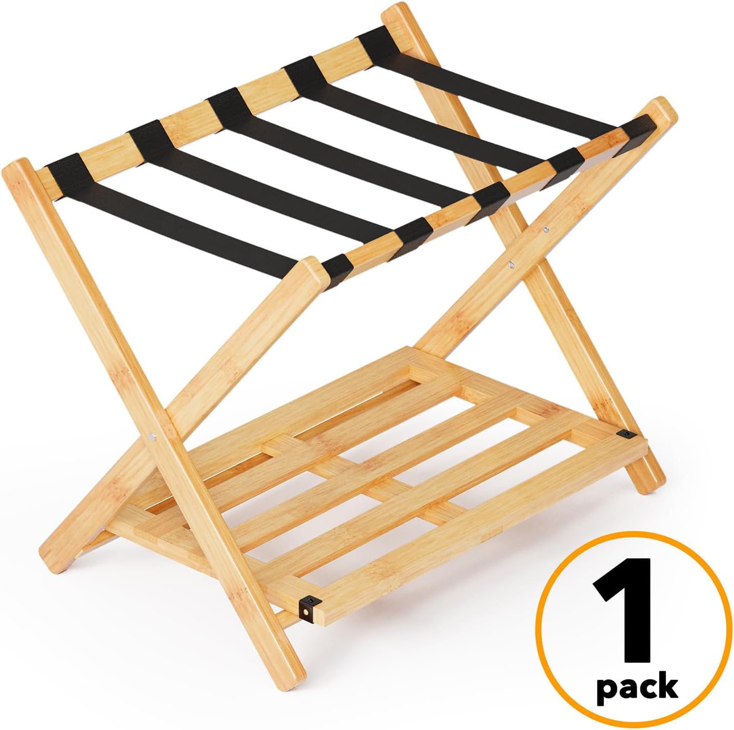 Fully Assembled Bamboo Foldable Luggage Rack with Storage Shelf, Natural