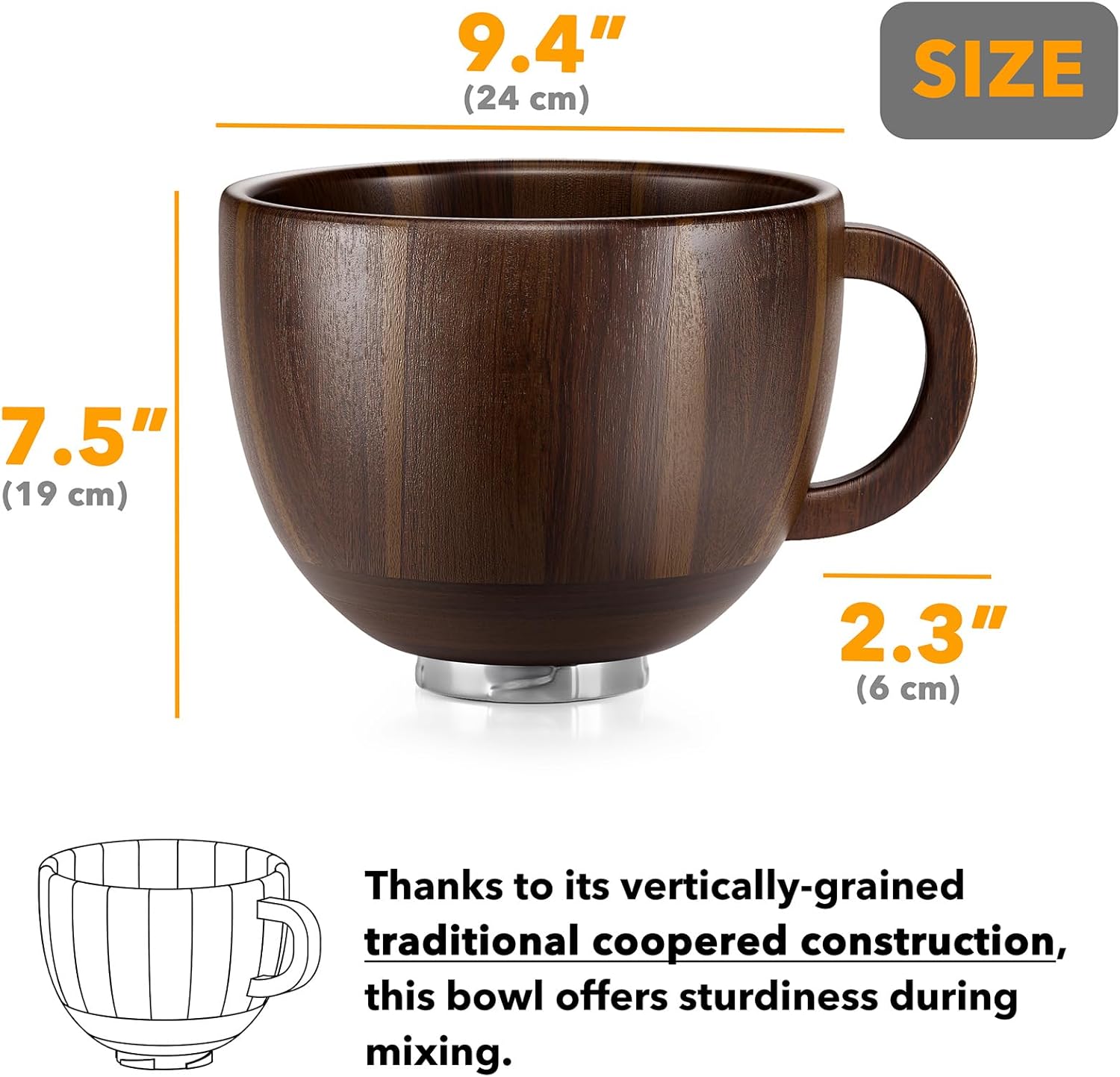 Wooden mixing bowl with dimensions and text on a white background