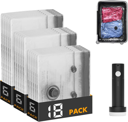 Stack of clear plastic bags with a packaging box labeled '8 Pack' and a black handheld device.