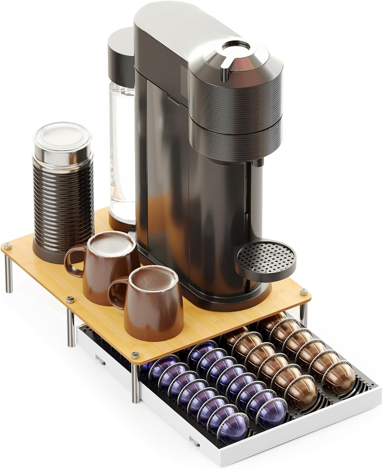 Coffee Pod Holder Drawer for Nespresso Vertuo, Bamboo & Metal Under-Coffee-Machine Organizer, Fits 40 Large or 56 Small Pods