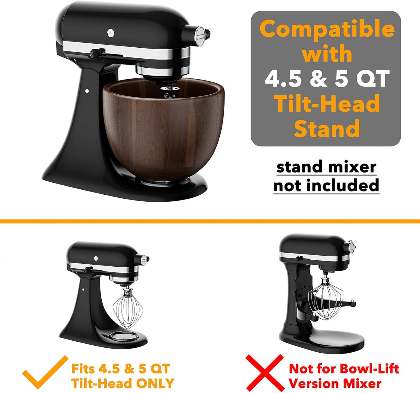 Black stand mixer with brown bowl and compatibility information for 4.5 and 5 QT tilt-head mixers.