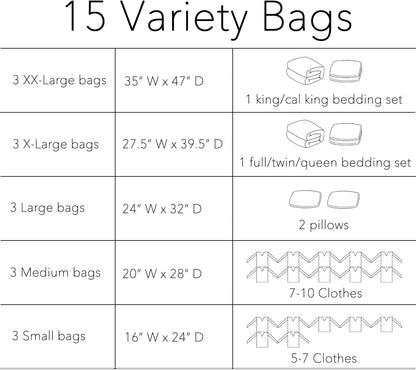 Vacuum Seal Bags (3 XX-Large, 3 X-Large, 3 Large, 3 Medium, 3 Small), (Variety 15 Pack)