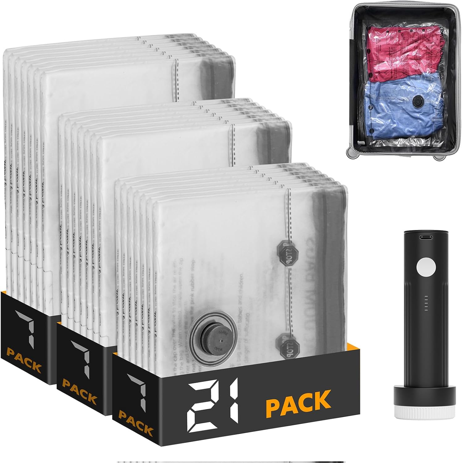 Stack of 21-pack bags with a black device on a white background