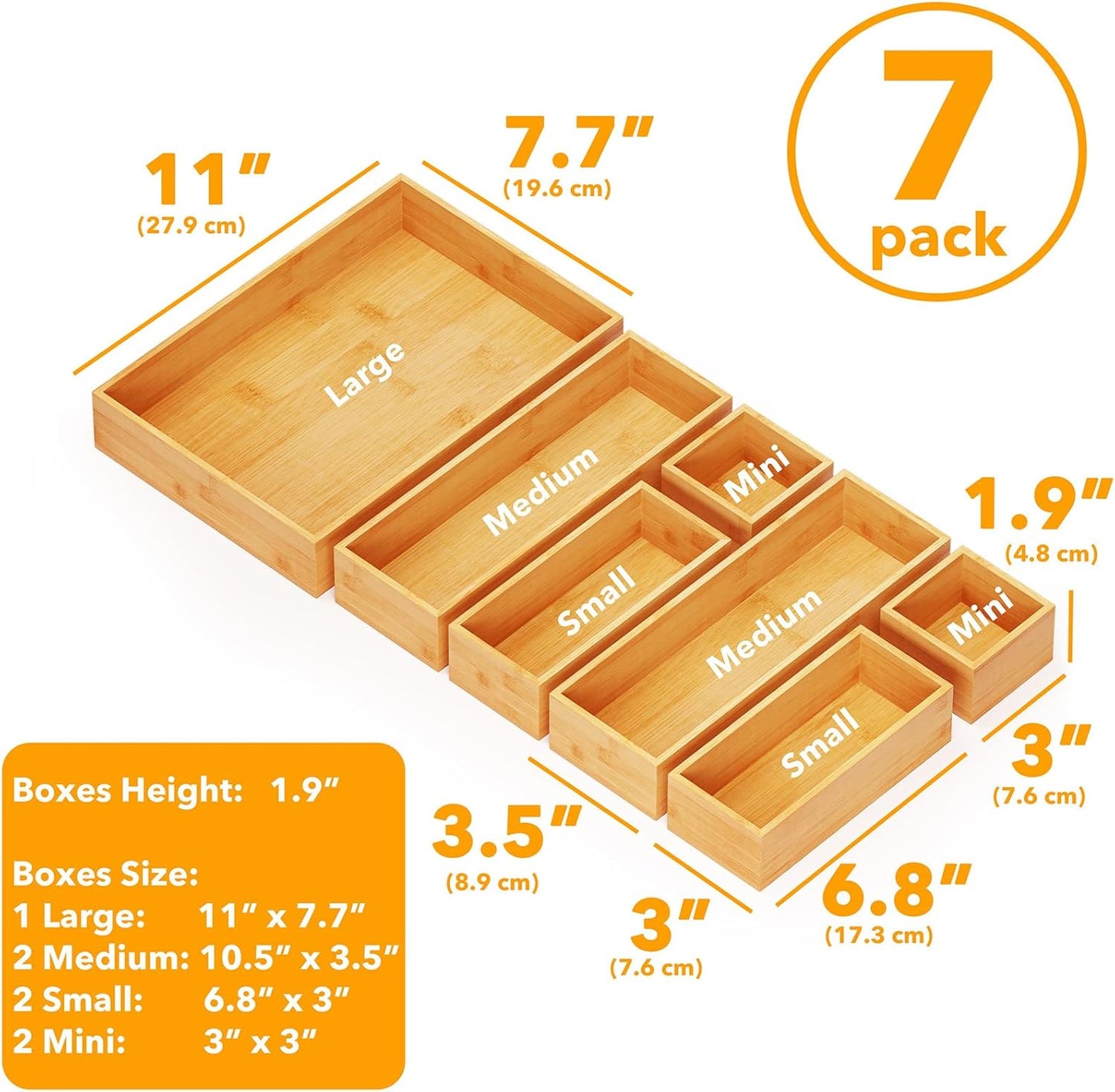 7-Piece Bamboo Drawer Organizer Set with Wood Trays