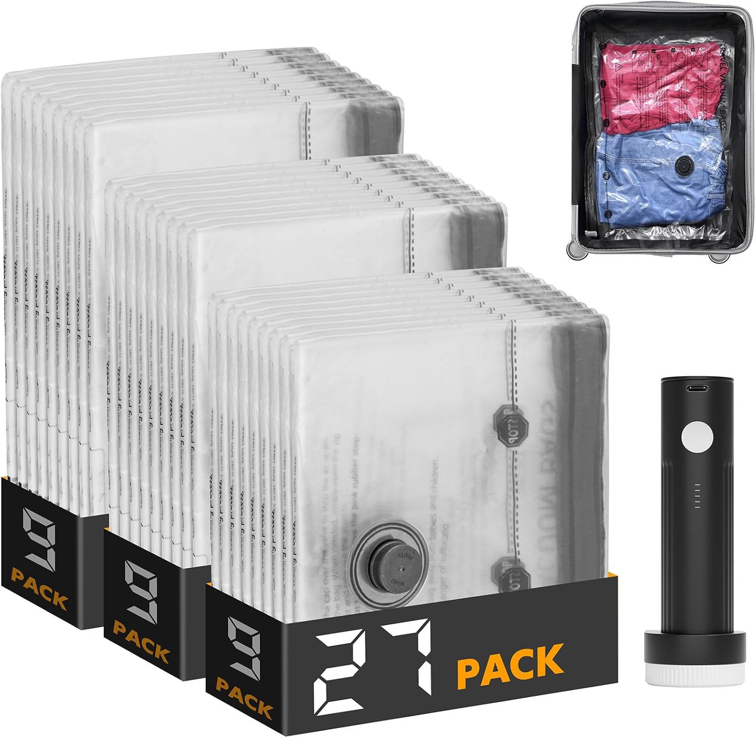 Stack of vacuum seal bags with packaging and a vacuum sealer on a white background