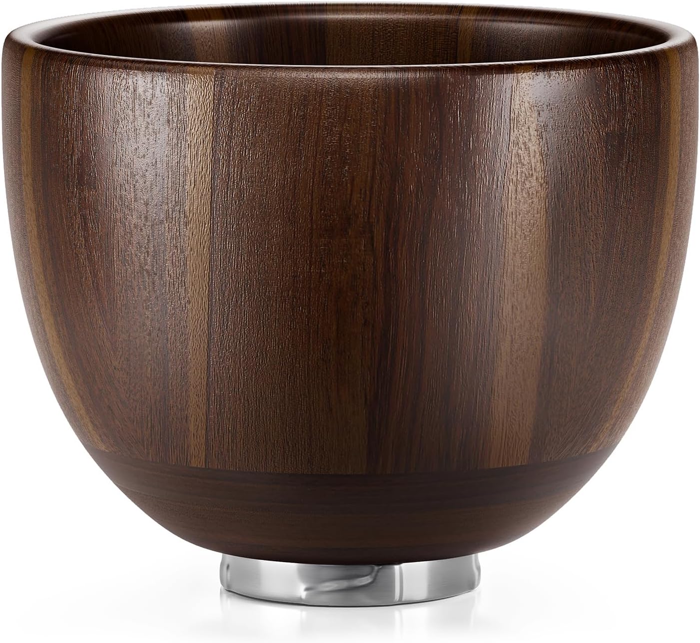 Wooden bowl with a metallic base on a white background