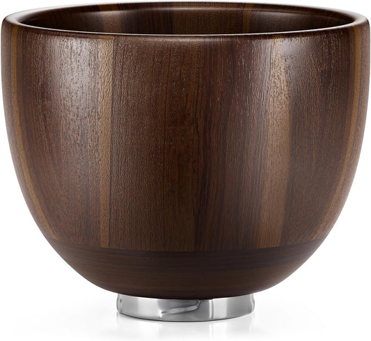 Wooden bowl with a metallic base on a white background