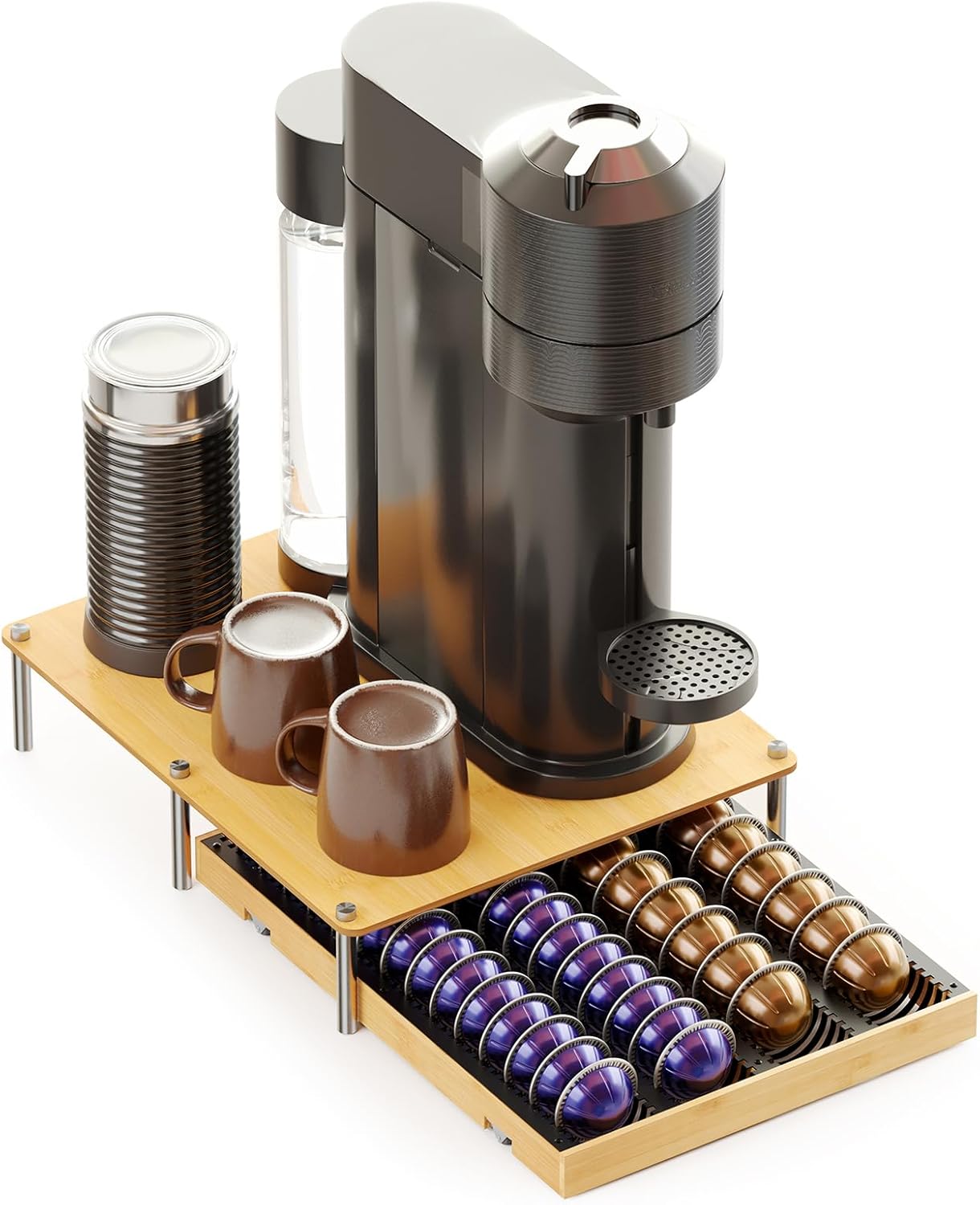 Coffee Pod Holder Drawer for Nespresso Vertuo, Bamboo & Metal Under-Coffee-Machine Organizer, Fits 40 Large or 56 Small Pods