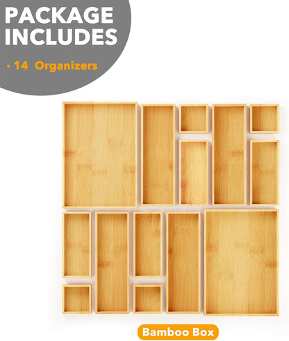 14-Piece Bamboo Drawer Organizer Storage Boxes Set