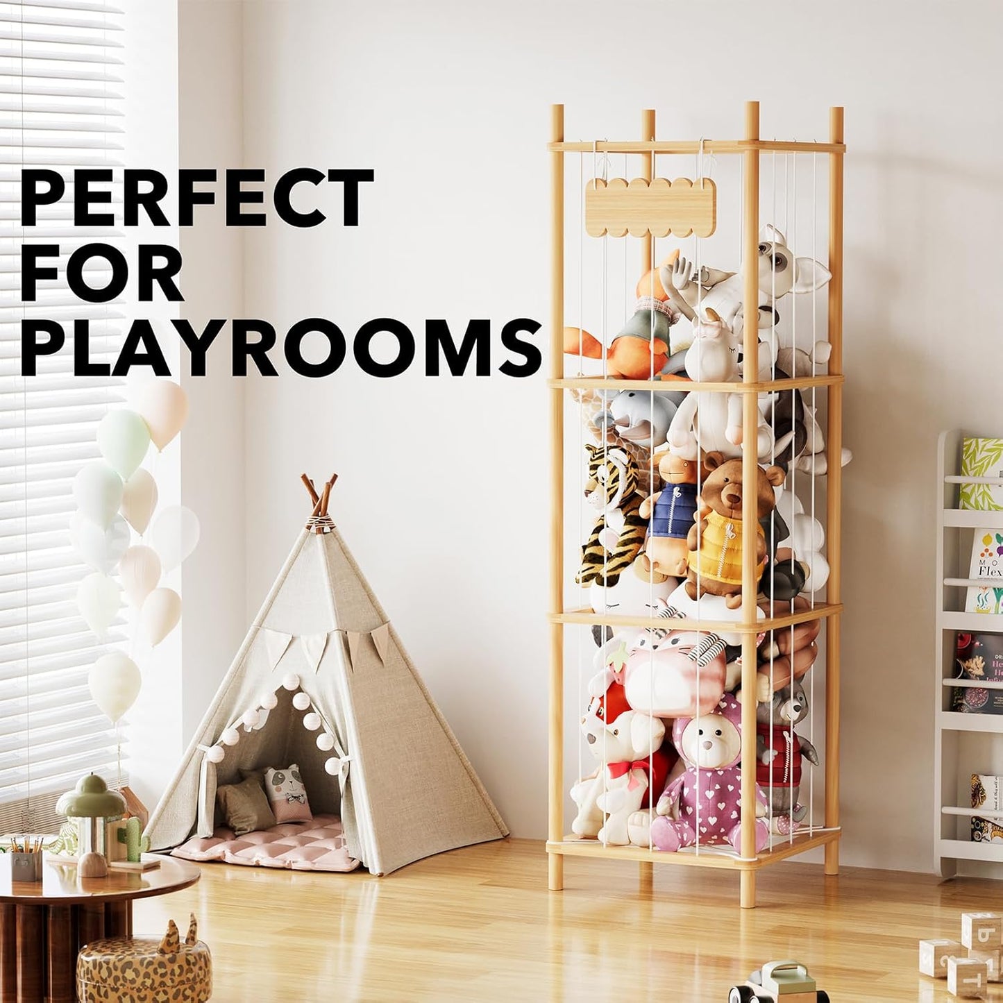 stuffed animal storage organizer in playroom