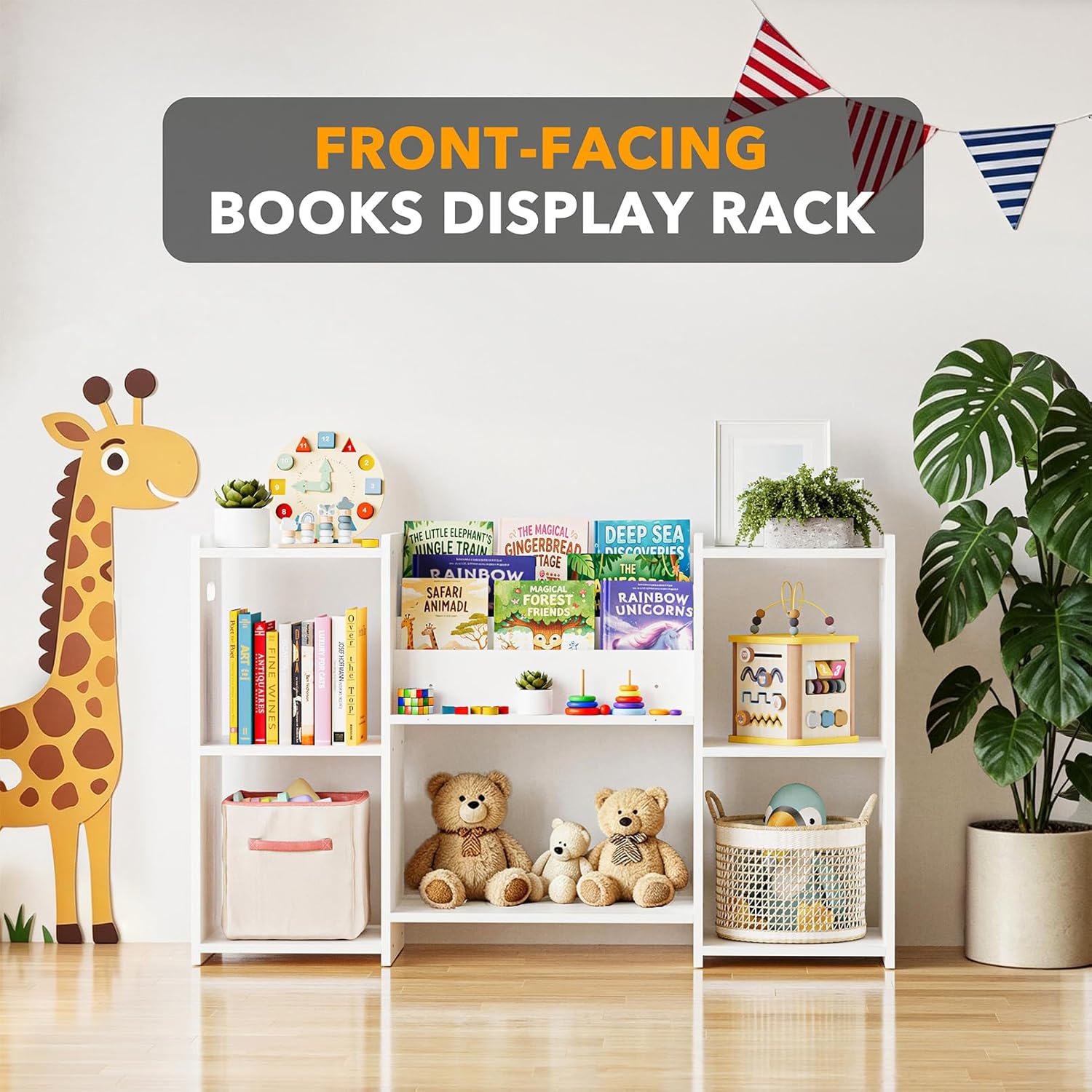 SpaceAid 6-in-1 Bookshelf Storage Organizer, Montessori Bookcase for Toddlers, Wooden Book Rack Shelf Cabinet Furniture for Kids Rooms, Playroom, Nursery and Classroom, 45.6“ Wide