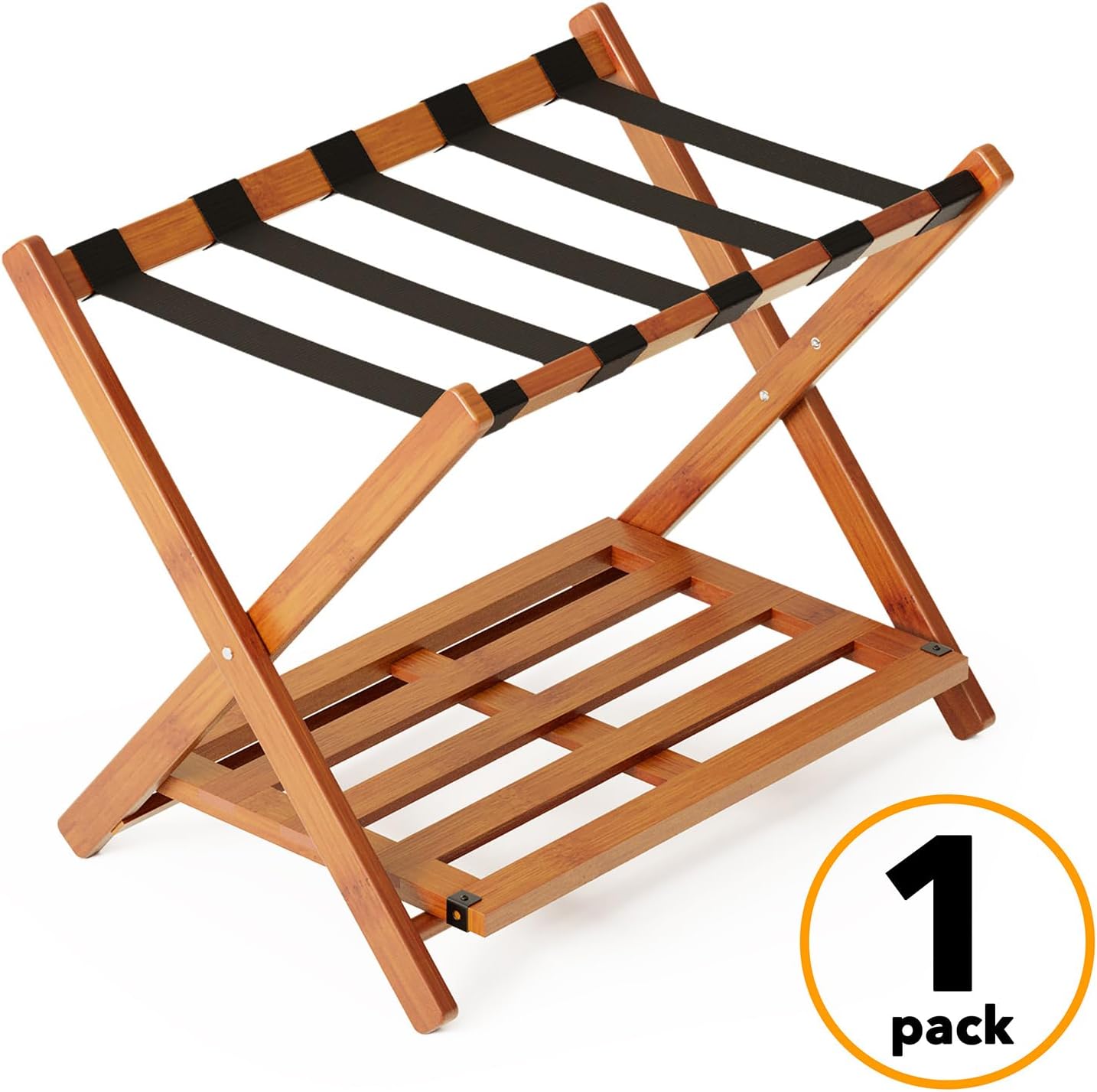 Fully Assembled Bamboo Foldable Luggage Rack with Storage Shelf, Walnut