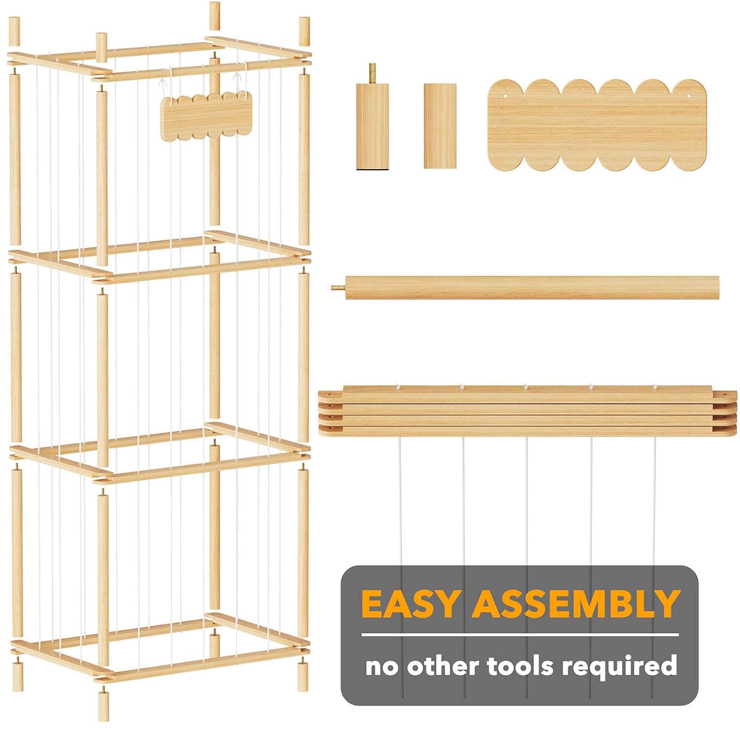 Wooden shelving unit with components and 'Easy Assembly' label on a white background