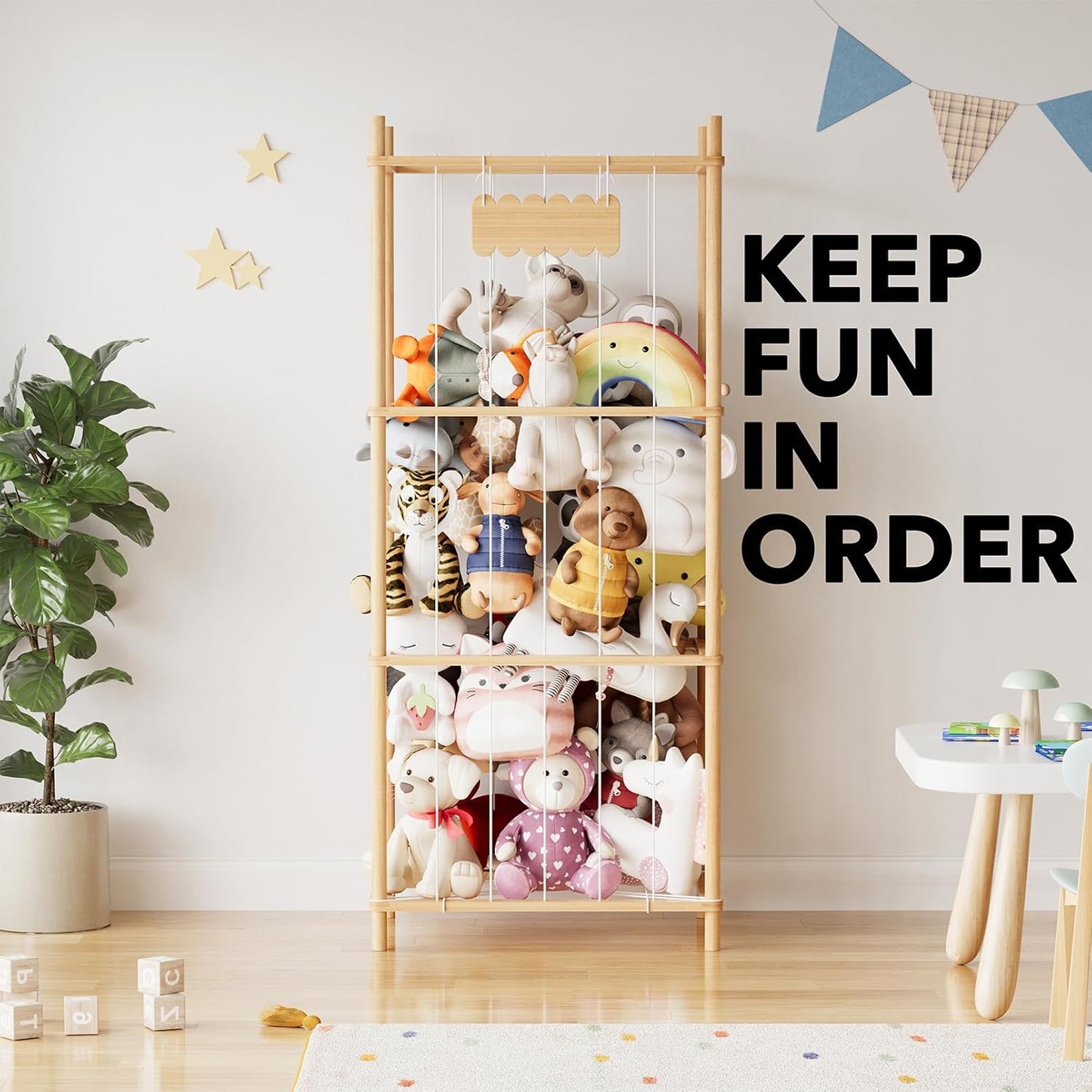 Wooden shelf with stuffed animals in a child's room, text 'KEEP FUN IN ORDER' displayed.