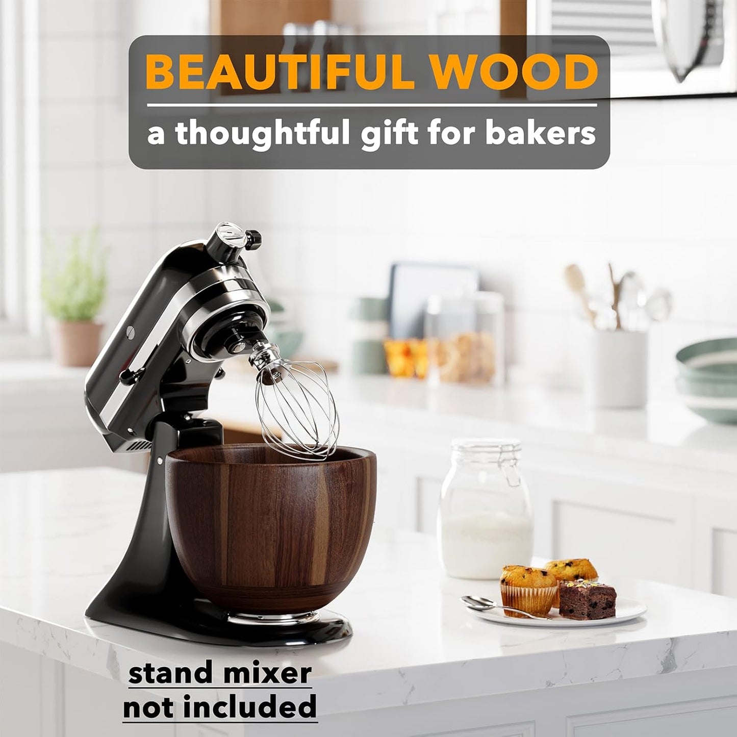 Stand mixer with wooden bowl on a kitchen counter, text 'Beautiful Wood - a thoughtful gift for bakers'.