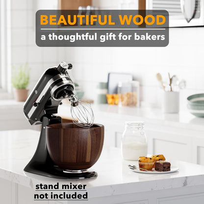Stand mixer with wooden bowl on a kitchen counter, text 'Beautiful Wood - a thoughtful gift for bakers'.