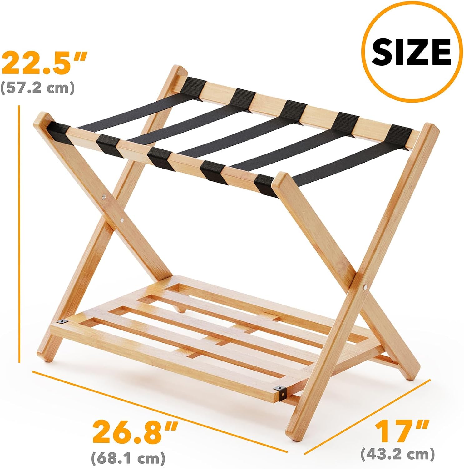 Fully Assembled Bamboo Foldable Luggage Rack with Storage Shelf, Natural