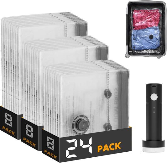 Stack of clear plastic bags with black packaging and a black handheld device.