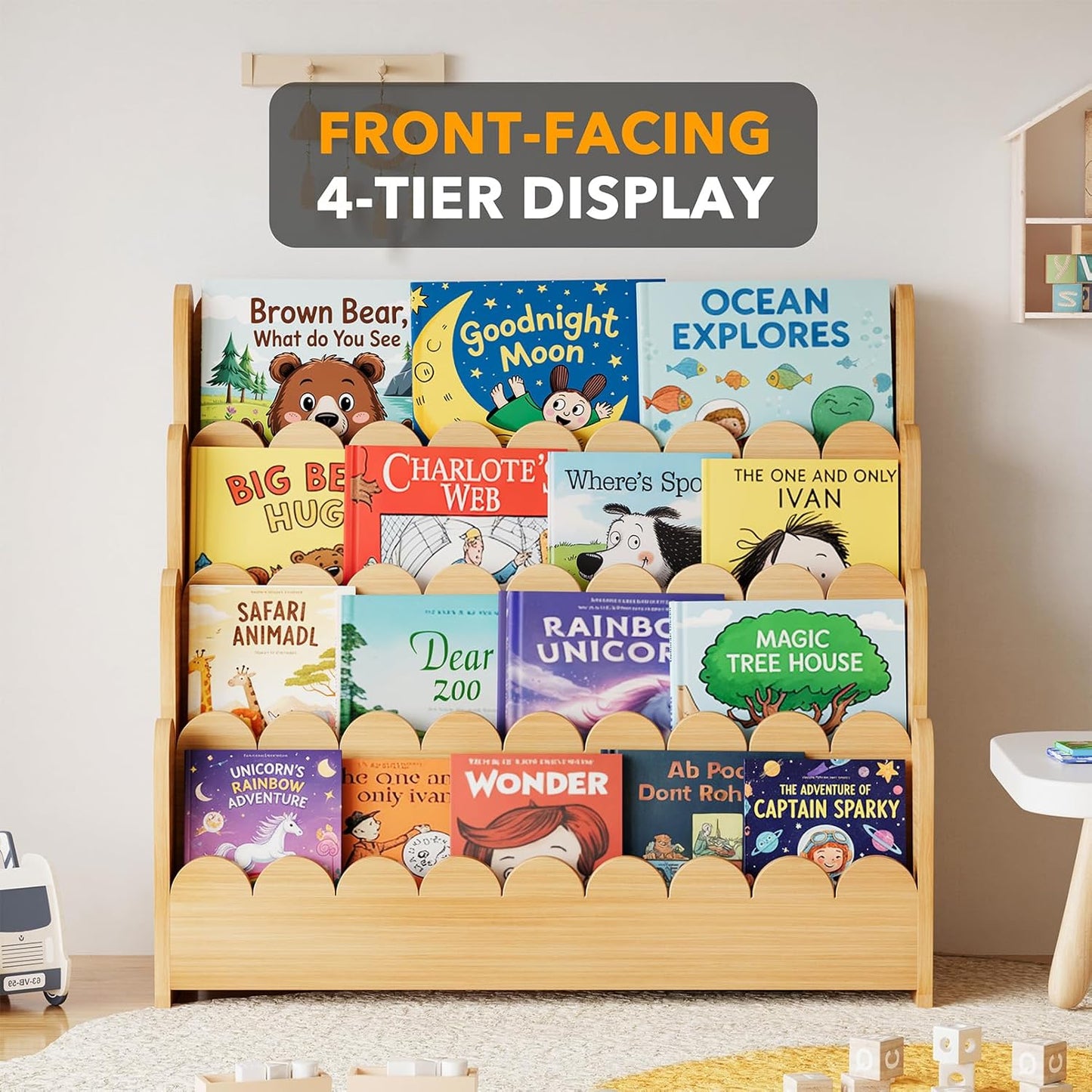 Wooden bookshelf with children's books on a light-colored floor.