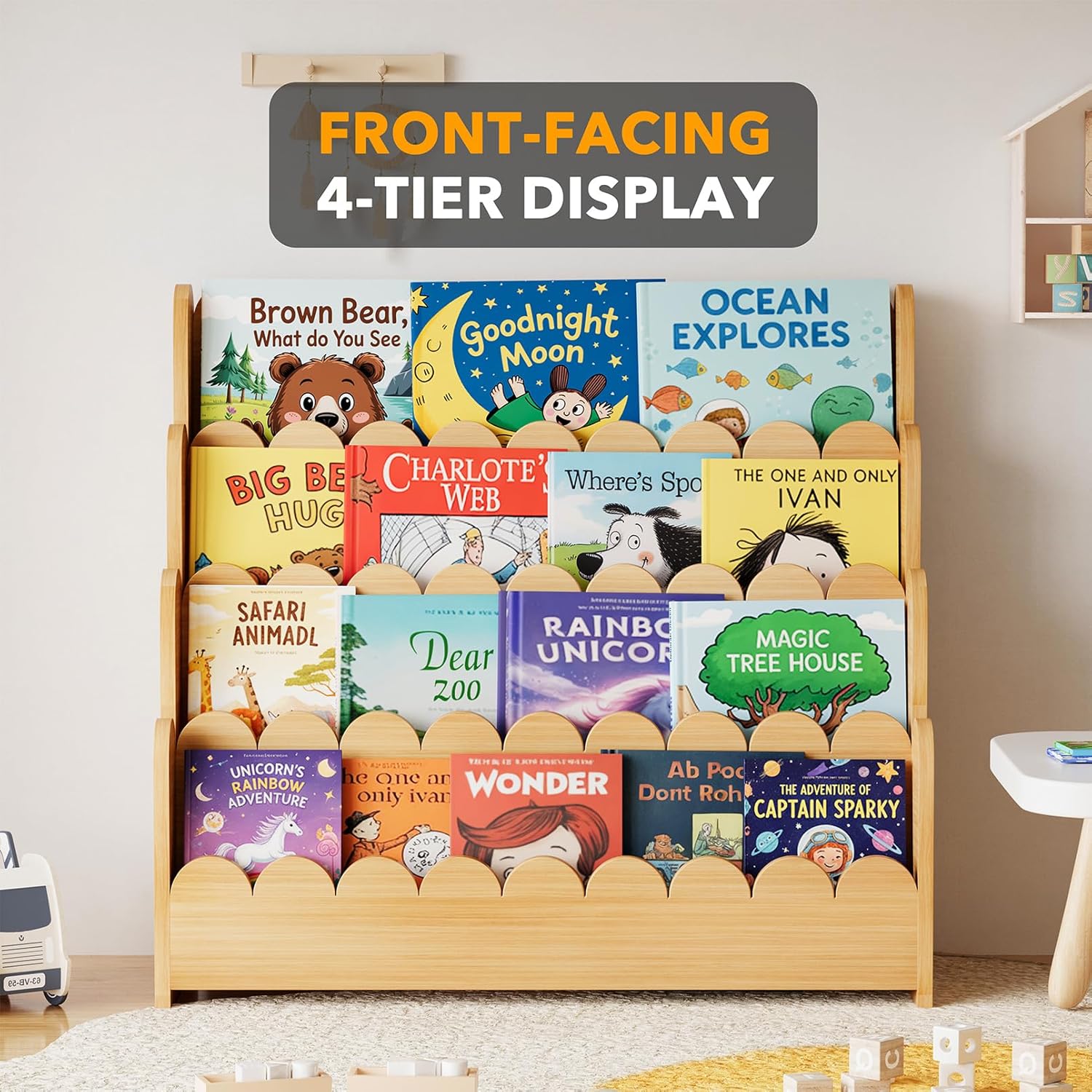 Wooden bookshelf with children's books on a light-colored floor.
