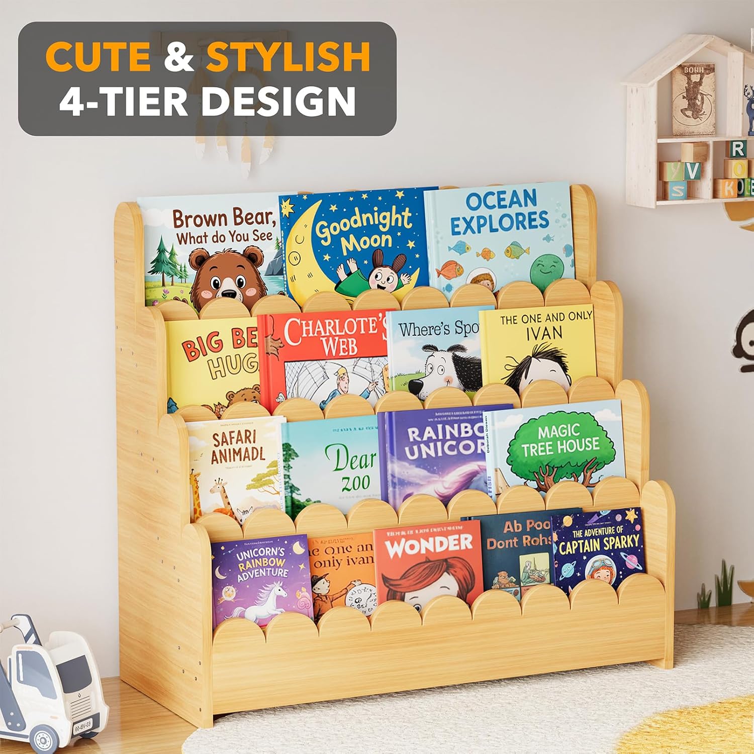 Wooden bookshelf with children's books in a room setting