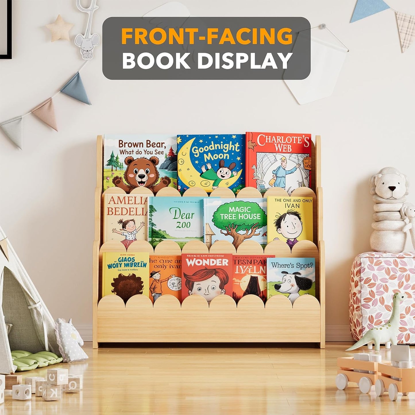 scalloped wooden bookshelf for kids room