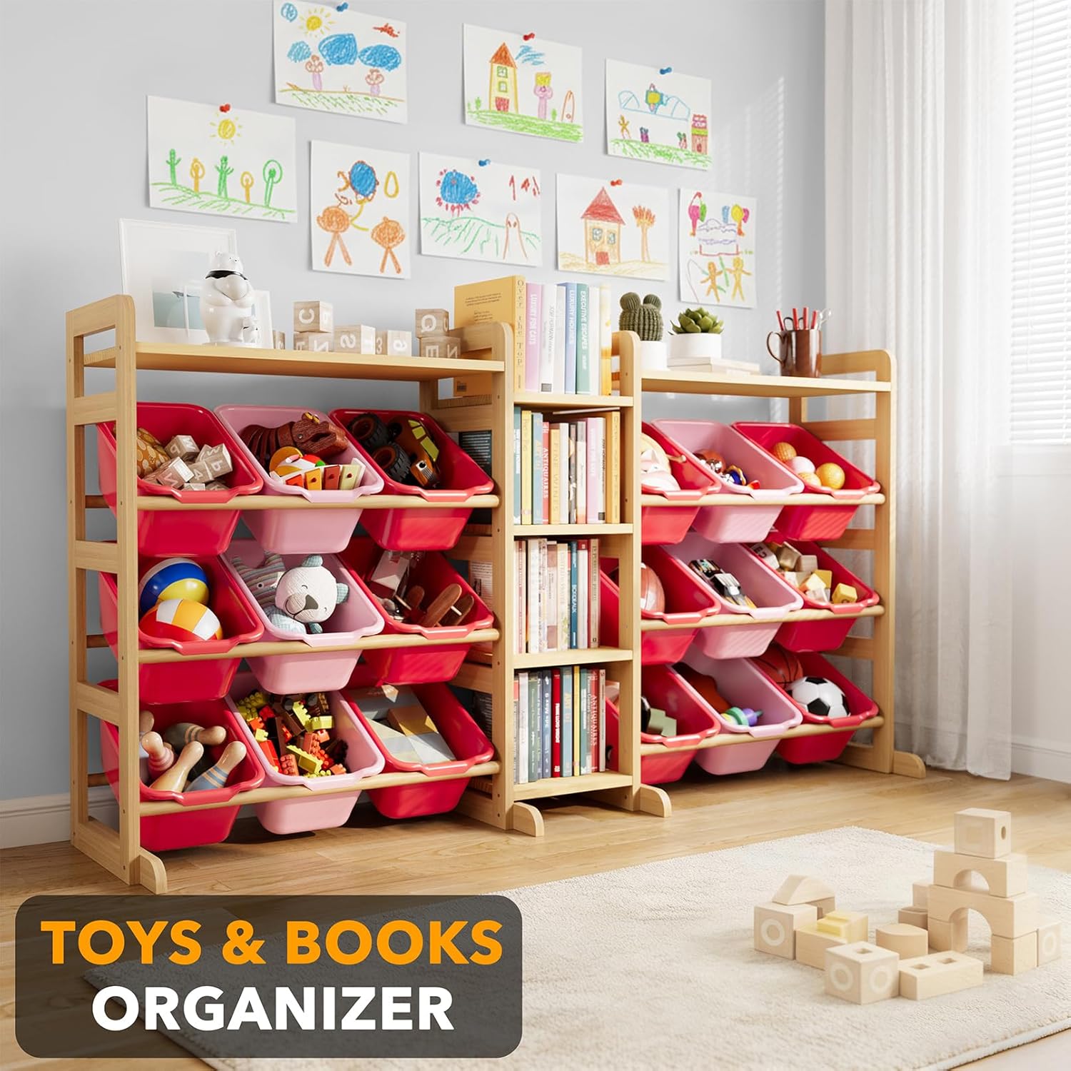 SpaceAid Large Toy Storage Organizer with 6 Shelves and 18 Bins, Book Shelf Organizers Storage Bookshelf, Kids Bin Shelf Box Bookcase for Bedroom Playroom Organization Room Decor, White