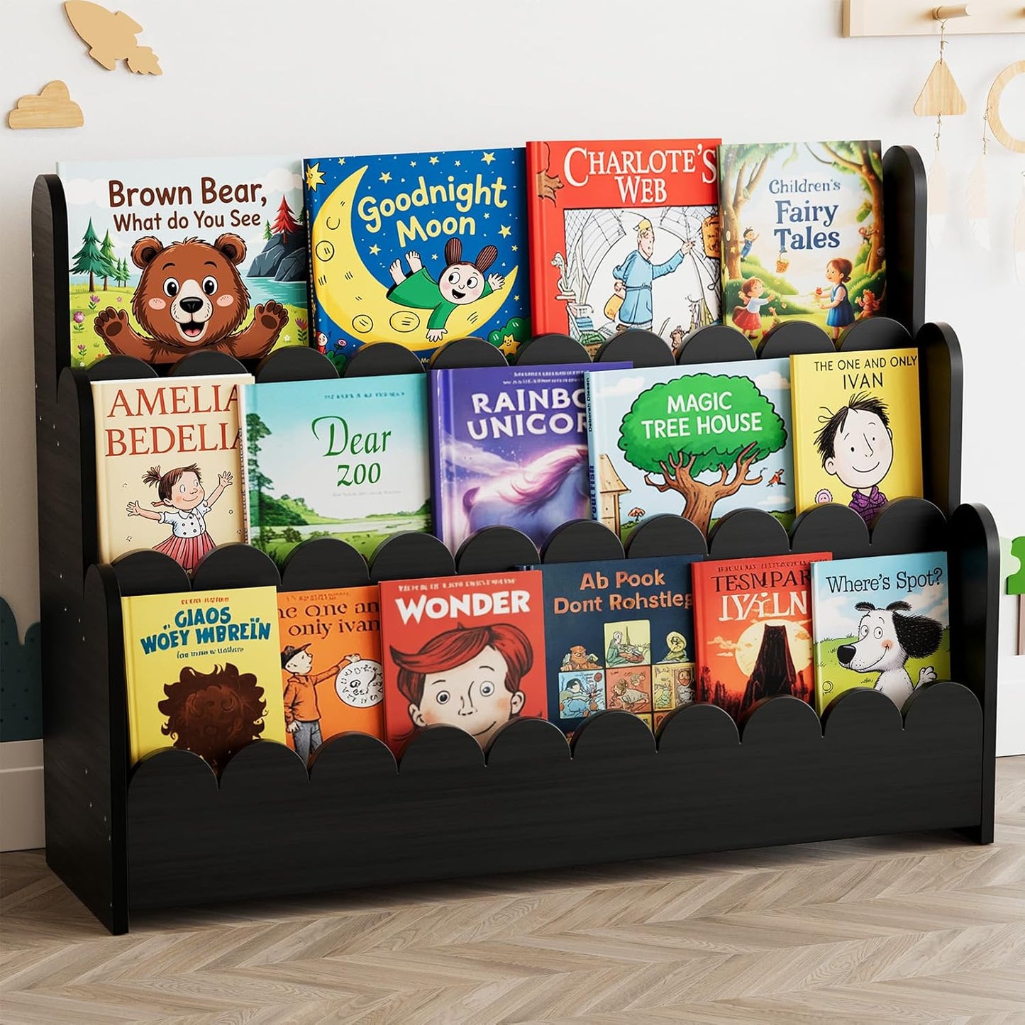 SpaceAid 3-Tier Montessori Bookshelf – Scalloped Front-Facing Book Shelf for Toddlers